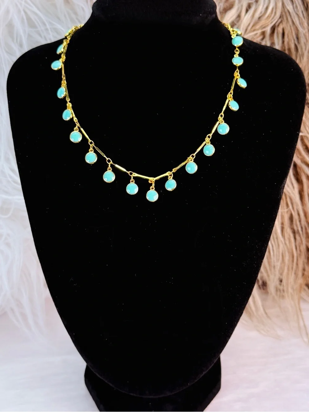 Turquoise Color Gold Tone Bezel Drop Station Necklace Adjustable Dangle Jewelry